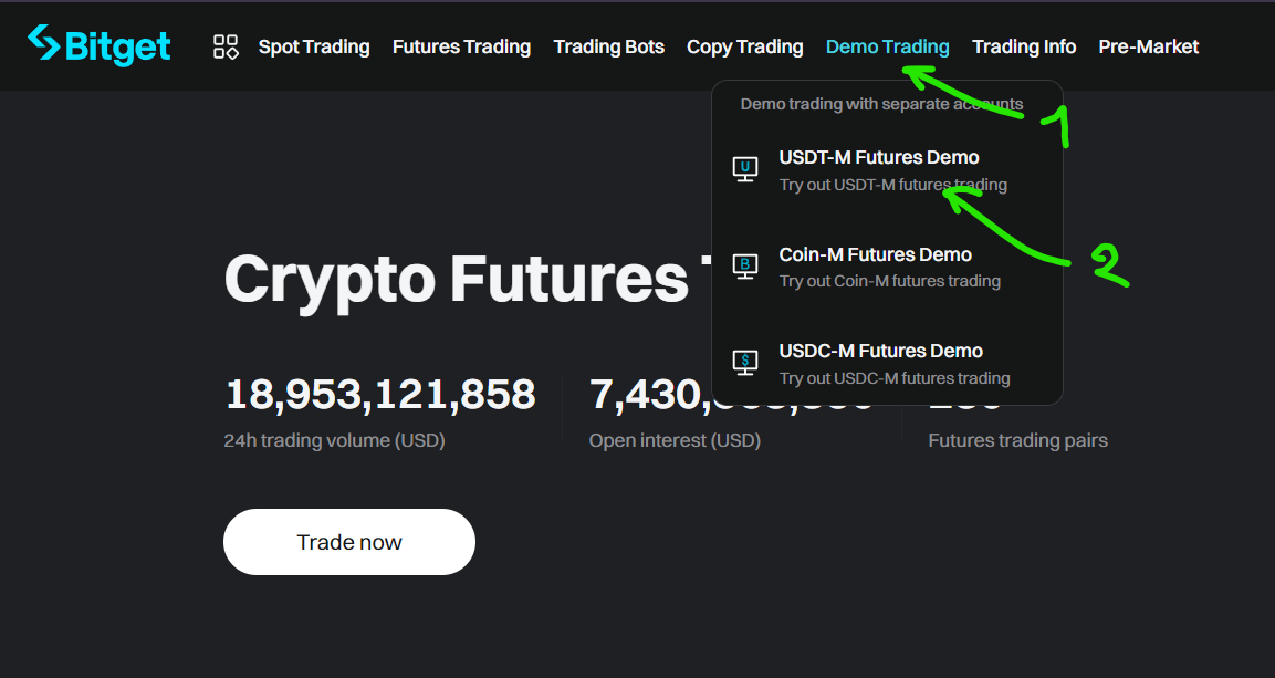 Bitget navigation bar with Demo Trading dropdown open, showing USDT-M, Coin-M, and USDC-M Futures Demo options with green arrows