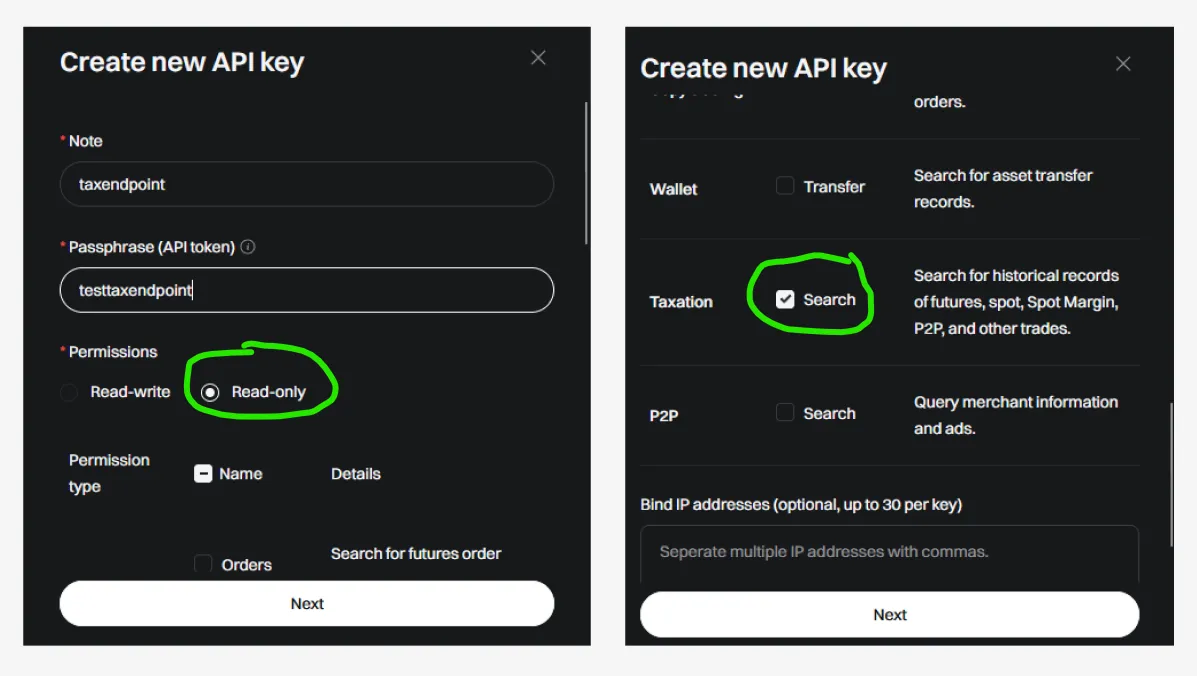 Side-by-side Bitget "Create new API key" dialog screenshots with Read-only permission and the Taxation Search checkbox circled in green