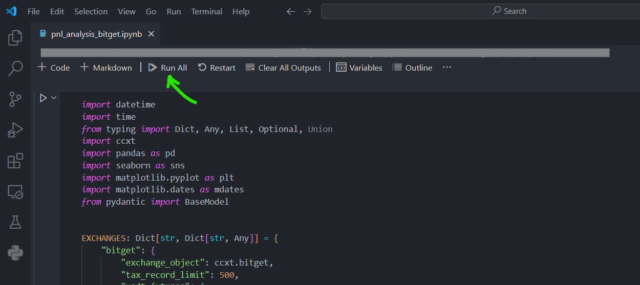 VSCode editor showing the pnl_analysis_bitget.ipynb notebook with a green arrow pointing to the "Run All" button in the toolbar