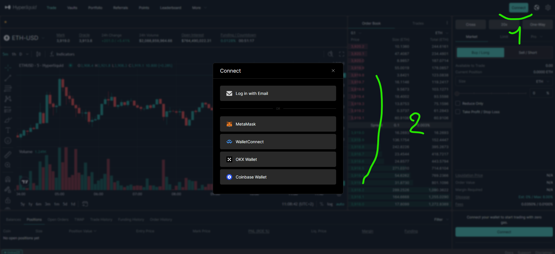 Hyperliquid connect dialog showing MetaMask, WalletConnect, OKX Wallet, Coinbase Wallet, and email login options over the trading interface.