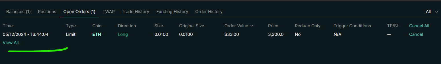 Hyperliquid Open Orders tab showing one pending ETH limit buy order for 0.01 contracts at price 3,300 with Reduce Only set to No.