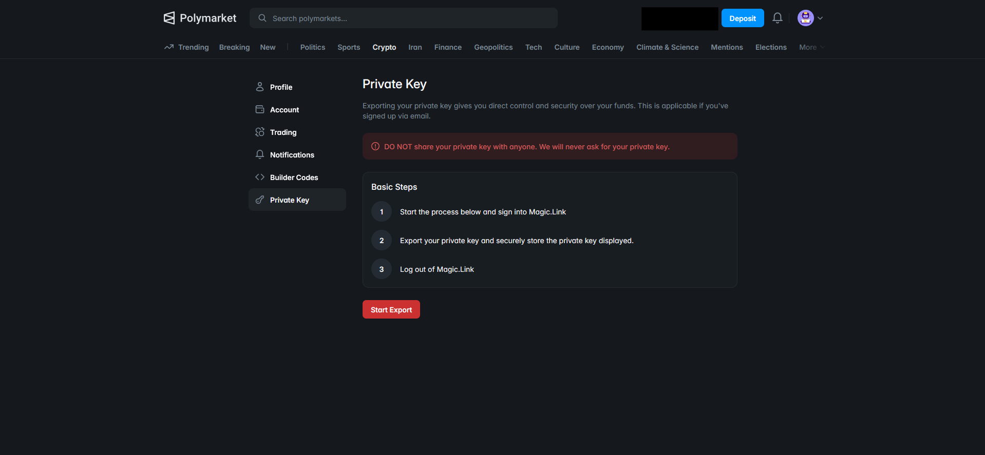 Polymarket account settings with the Private Key page open, showing a three-step export guide and a red Start Export button.