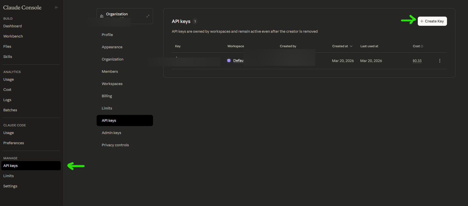 Claude Console API keys page listing an existing key with its workspace and creation date, with Create Key button highlighted in the top-right