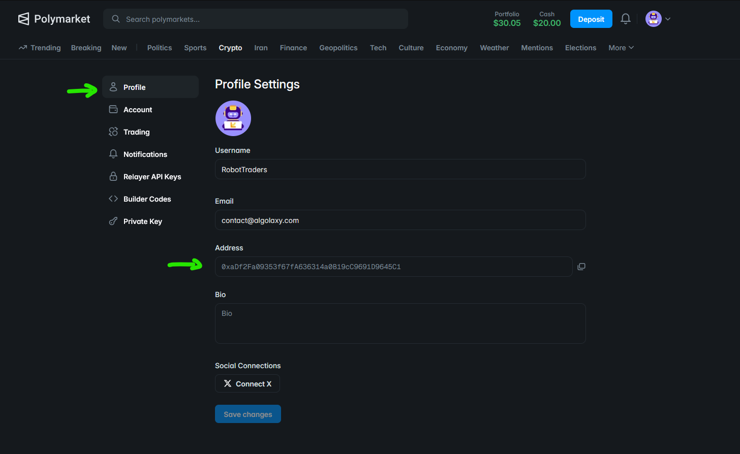 Polymarket Profile Settings page showing the wallet address field below the username, with arrow pointing to the Profile menu item